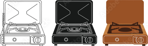 Portable gas stove illustrated in various colors and design styles