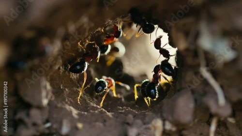 Fourmilière ouverte révélant des fourmis et leurs larves au cœur de la terre