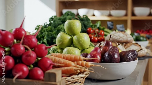 Wallpaper Mural Fresh produce display apples pears bread and vegetables on wooden surface Torontodigital.ca