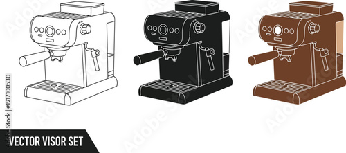 Espresso machine illustrations in various color schemes and outline styles