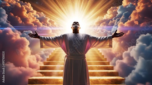 Person in white robe with outstretched arms standing on golden stairs leading to bright light in sky with colorful clouds