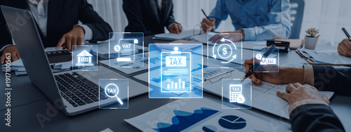 Fotografía Business professionals engage in a strategic meeting focused on tax analysis, utilizing digital tools and visual data to enhance collaboration and decision-making