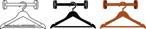 Three coat hangers depicted in different colors and outline styles