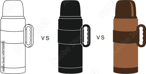 Three different colored thermos flasks with distinct designs and comparisons