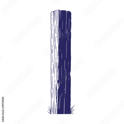 Grunge texture Illustration of a wooden post with grass at the base on white background  a simple drawing of a dark blue and white tree stump Vintage Style