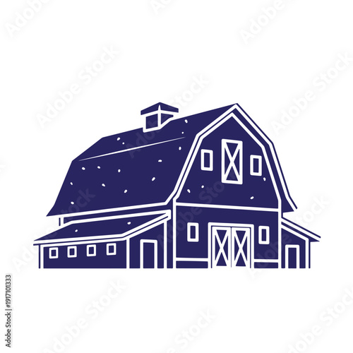 Grunge texture navy blue illustration of a large traditional barn house with snow on the roof and a small extension on the side  rural architecture Vintage Style