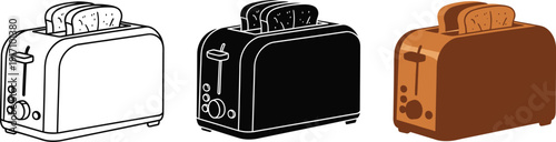 Modern toaster designs in outline, black, and brown color schemes displayed
