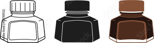 Collection of three illustrated ink bottles in different styles and colors