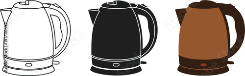 Electric kettle illustrations in various styles and color schemes presented together