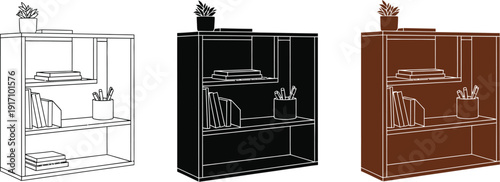 Minimalist bookshelves with office supplies in various color styles presented