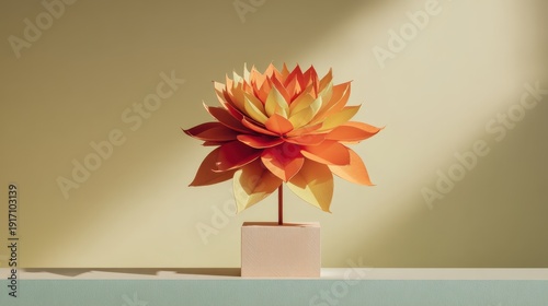 Paper flower art with orange and yellow petals in minimalist setting