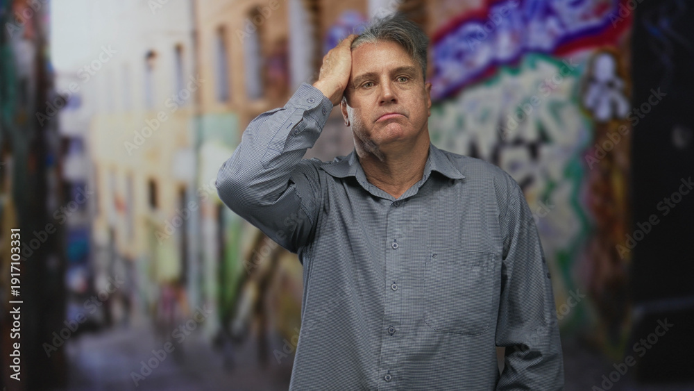 Fototapeta premium Man with hand to forehead and hand covering mouth gesture in urban street alley with graffiti; frustration reflection solitude.
