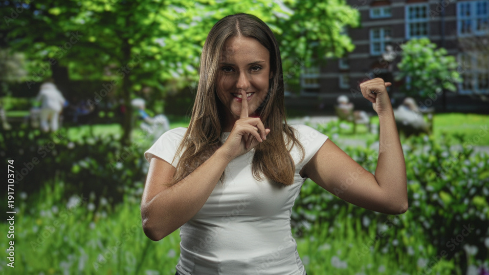 Fototapeta premium Young woman shushing with finger to lips while flexing her bicep in front of a building; confidence secrecy.