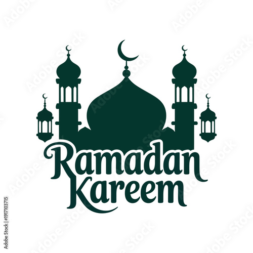 A Ramadan Kareem greeting card with mosque silhouette and crescent moon on white background