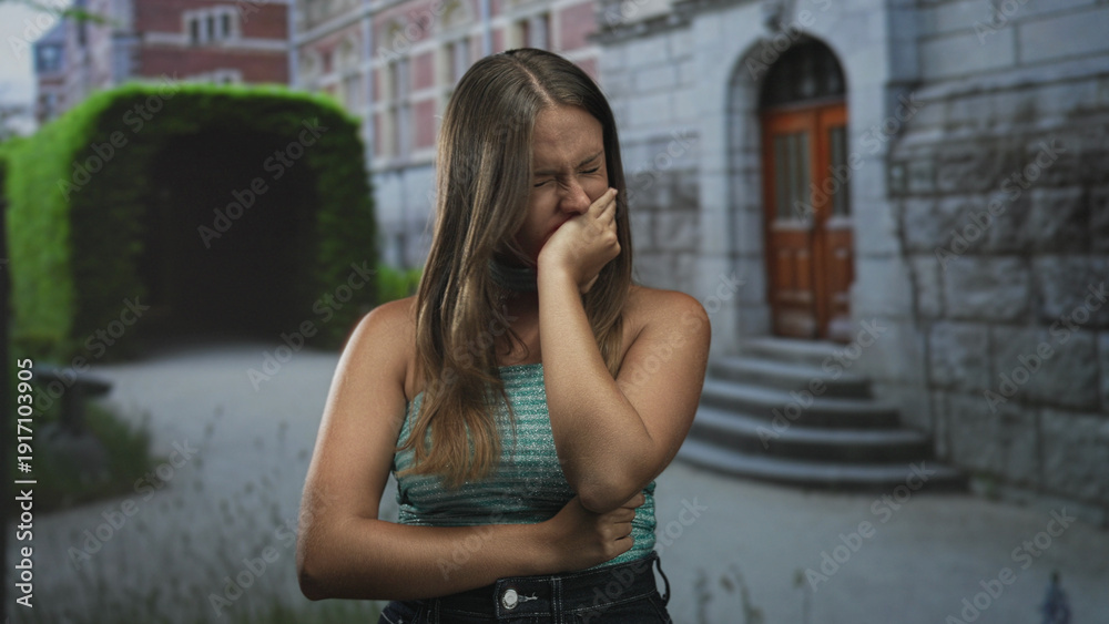 Obraz premium Woman touching hair with closed eyes in front of a stone building and steps, hand near face gesture; quiet contemplation.