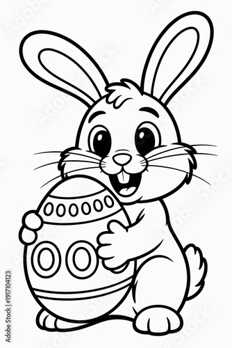 A cheerful  bunny is accompanied by three decorated Easter eggs.