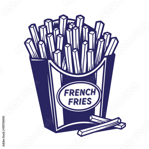 A blue illustration of a container of French fries with some fries spilling out  food icon