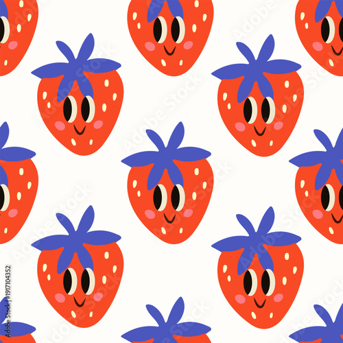 Fully editable seamless vector pattern with cute red strawberry characters in kawaii style. Perfect for textile design, fabric print, nursery decor, wrapping paper and kids products.