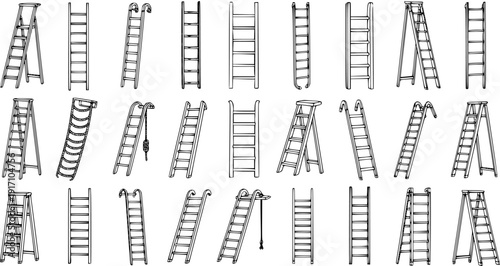 Collection of Hand-Drawn Ladder Types Isolated on White Background. Various Sketch Illustrations of Wooden, Metal, and Folding Ladders for Climbing and Construction.
