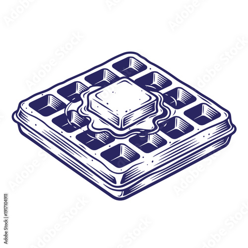 blue and white illustration of a stack of waffles with butter on top one square dessert