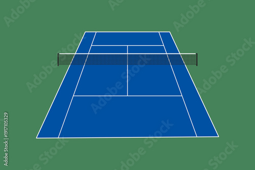 Vector illustration of tennis court with net in perspective view. Blue hard court sport field isolated on green background. Ideal for sport design, infographic, and recreation theme.