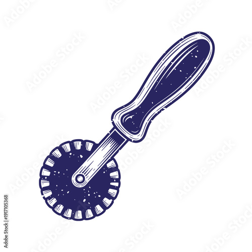 Grunge texture navy blue illustration of a pizza cutter with white outline on white background Vintage Style