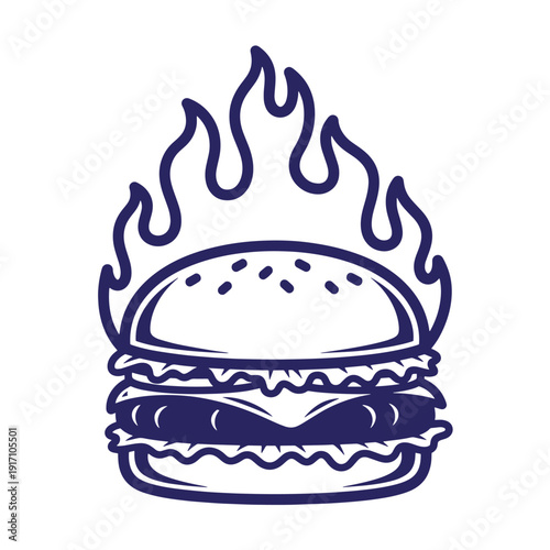 flaming hot burger with flame on top  grilled meat and bun