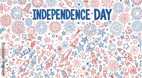 Independence Day themed vector illustration with patriotic symbols and fireworks in red, white, and blue colors.
