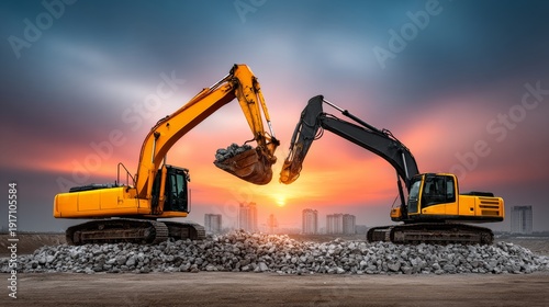 Two yellow and black construction machines are in front of a sunset. The scene is peaceful and serene, with the sun setting in the background