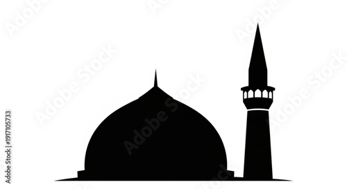 A minimalist black silhouette of a mosque with a dome and minaret on a white background