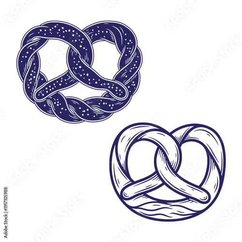 Illustration of two pretzels one plain and one with sesame seeds on white background