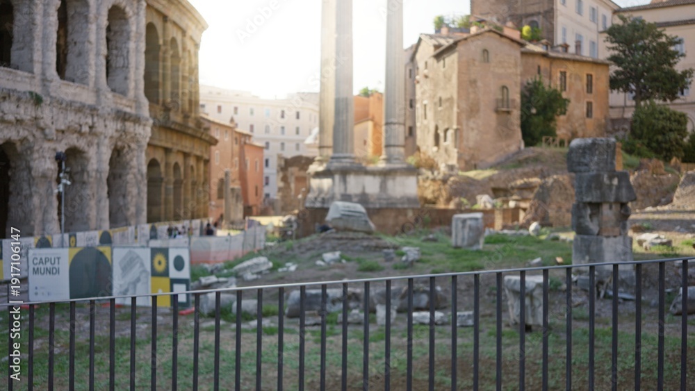 Obraz premium Ancient roman forum ruins defocused with warm soft bokeh in city background; background backplate copyspace calm.