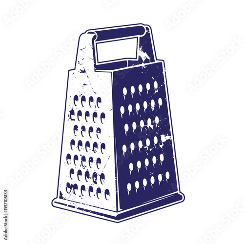 Grunge texture Vintage style illustration of a blue box grater with handle for kitchen use  Grater for food preparation Vintage Style