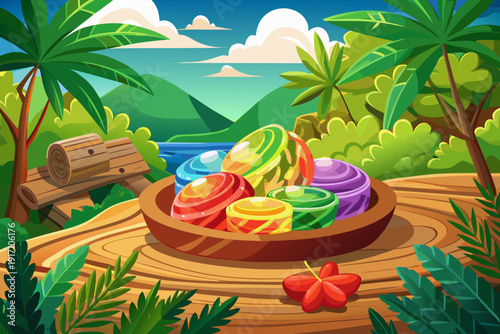 Medical hemp CBD infused rainbow gummy candy placed on wooden table in natural hemp garden vibrant colors wellness concept soft daylight