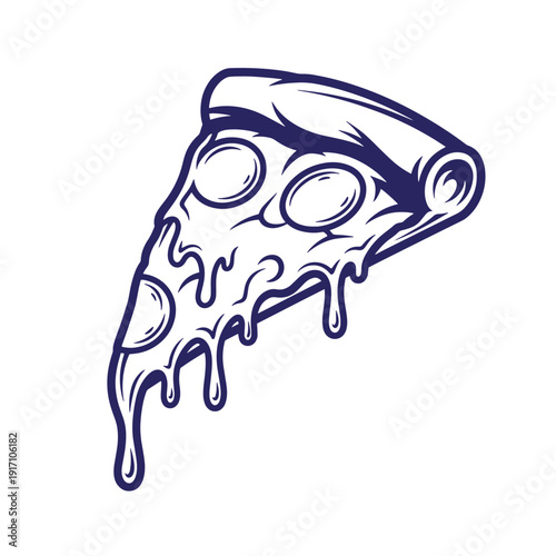 melting cheese pizza slice with toppings and crust on white background