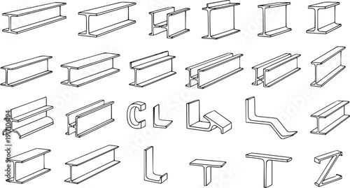 Detailed collection of various steel profiles and structural shapes, including I-beams, H-beams, channels, angles, T-sections, and Z-sections