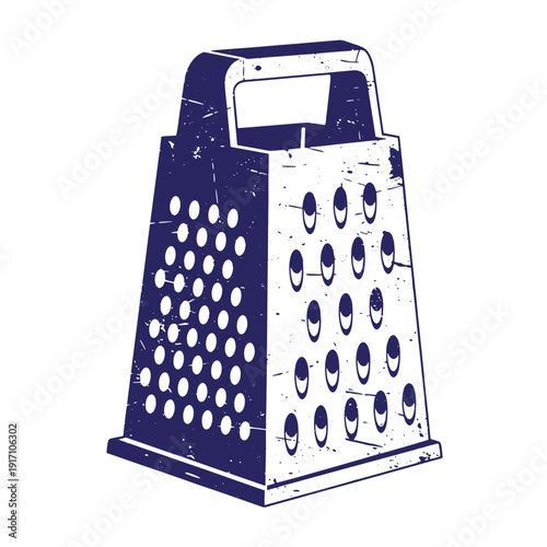 Grunge texture Vintagestyle illustration of a blue cheese grater with handle on white background  kitchen utensil for grating cheese Vintage Style