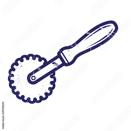 Grunge texture Vintagestyle illustration of a pastry cutter with a gearshaped blade and handle  kitchen tool for cutting dough Vintage Style