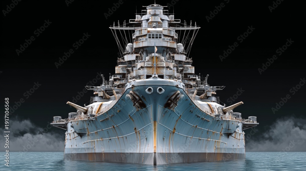 Obraz premium A large, old battleship is shown in the water. The ship is very large and has a lot of detail, including the guns on the front. Scene is one of strength and power