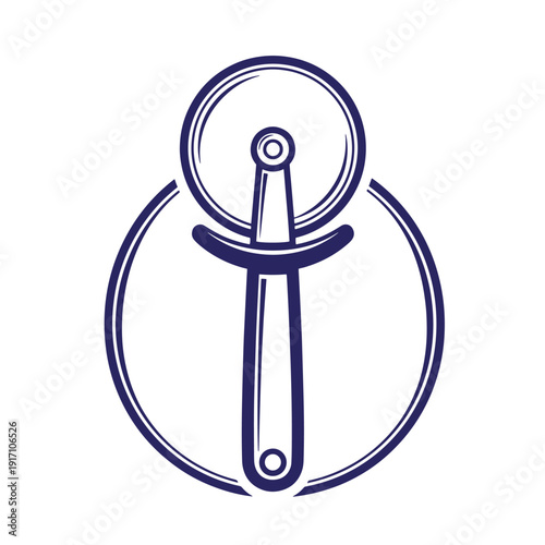 Simple navy blue illustration of a pizza cutter in a circle  kitchen utensil for cutting food