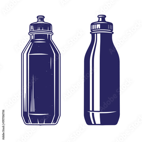 Two dark blue bottles with screw on caps side by side on white background