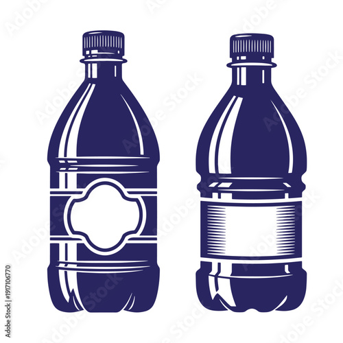 Two dark blue plastic water bottles with screw on caps and blank labels for mockup or design purposes  front and side view
