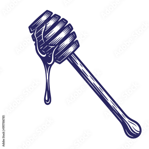 Vintage honey dipper with dripping honey on white background  kitchen utensil for serving honey