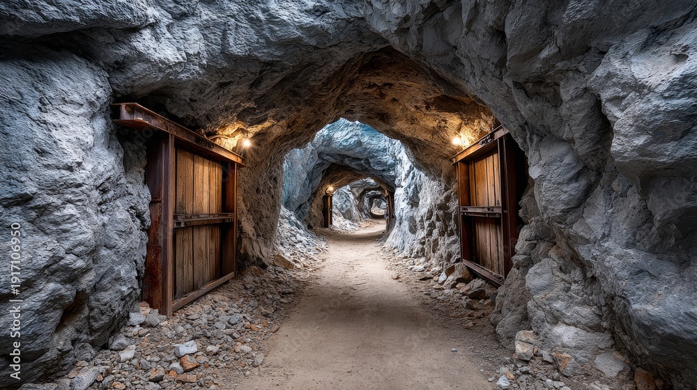 Fototapeta premium A long tunnel with a wooden door on each side. The tunnel is dark and the doors are open