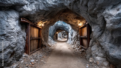 A long tunnel with a wooden door on each side. The tunnel is dark and the doors are open