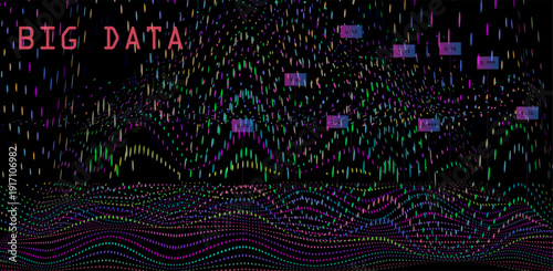 ibrant digital vector artwork of cascading big data streams in glowing multicolored particles, floating numeric labels on dark background. Conceptual vector illustration for big data visualization.