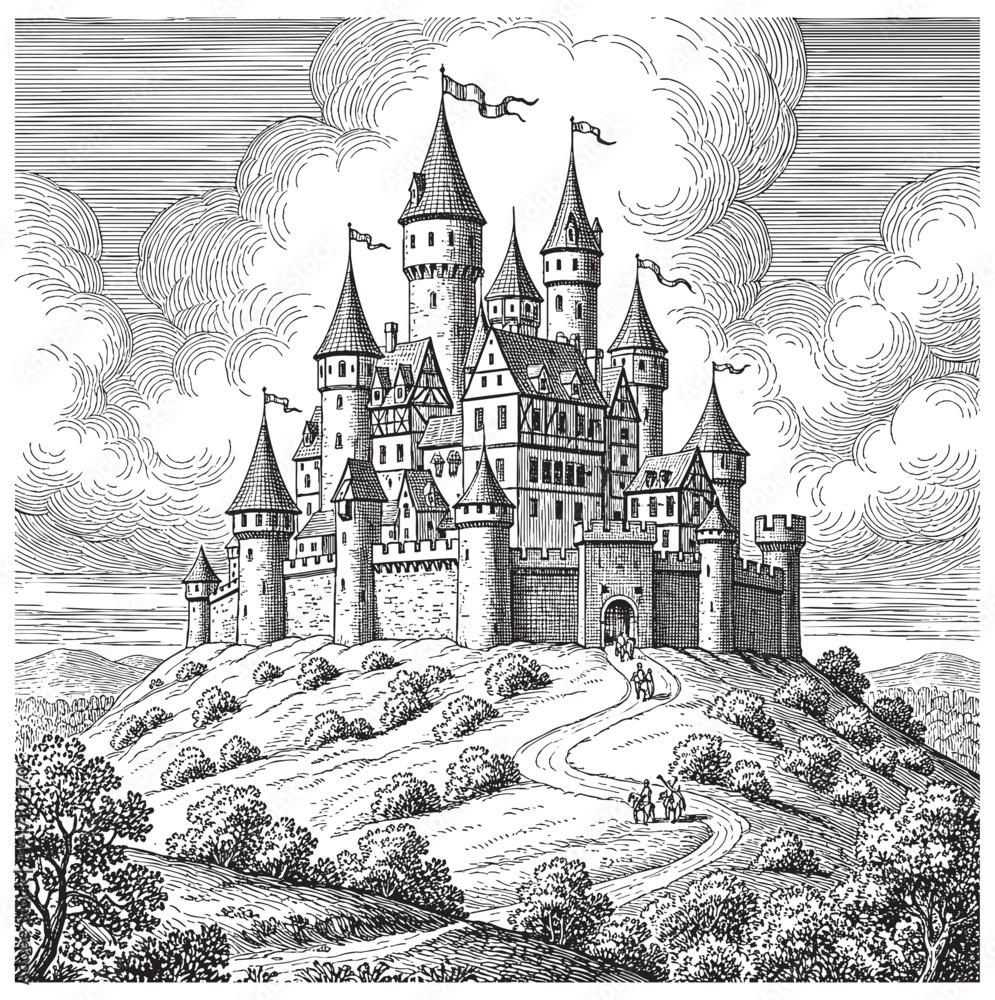 Obraz premium Grand medieval castle on hill engraving, detailed classic storybook etching