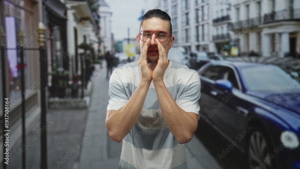 Fototapeta premium Man cupping hands over mouth on city street beside parked car, wearing red glasses and striped shirt while calling out to passersby; urgent plea.