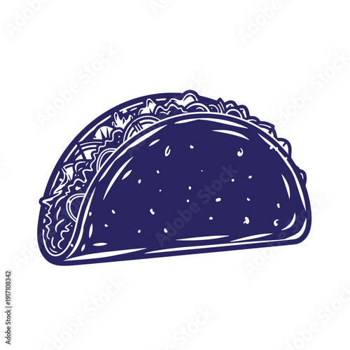 Grunge texture A blue illustration of a folded taco with lettuce and other fillings on a white background  Mexican food Vintage Style