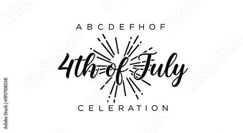 Patriotic 4th of July celebration typography vector graphic, festive starburst design elements.